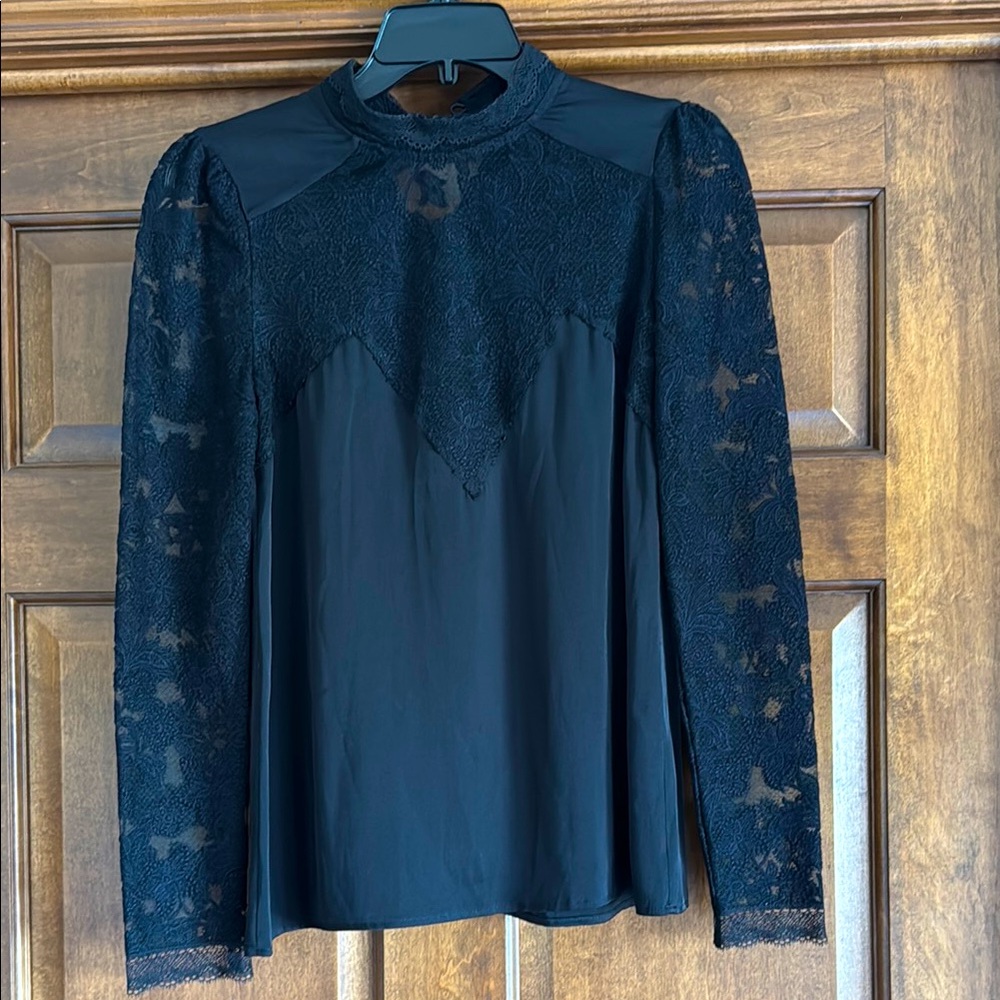 Ravn 60 Day Black High Neck Silk Lace Illusion Top Blouse Size 34 (S)